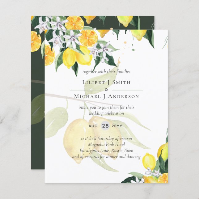Modern Lemon Tree Wedding Invite Elegant (Front/Back)