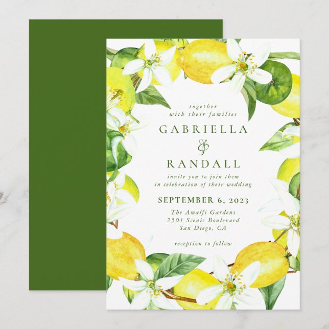 Modern Lemon Watercolor Wedding Invitation (Front/Back)