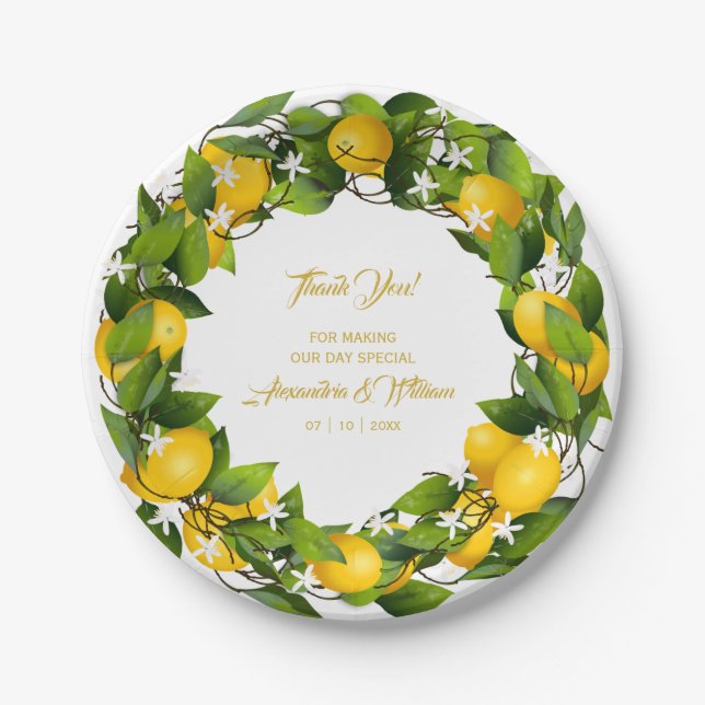 Modern Lemon Wreath Thank You | Wedding Paper Plate (Front)