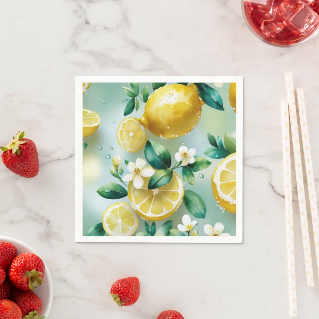 Modern lemon yellow floral script bridal shower napkin (Insitu)