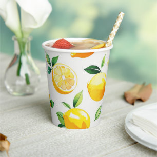 Modern lemon yellow floral script bridal shower paper cups