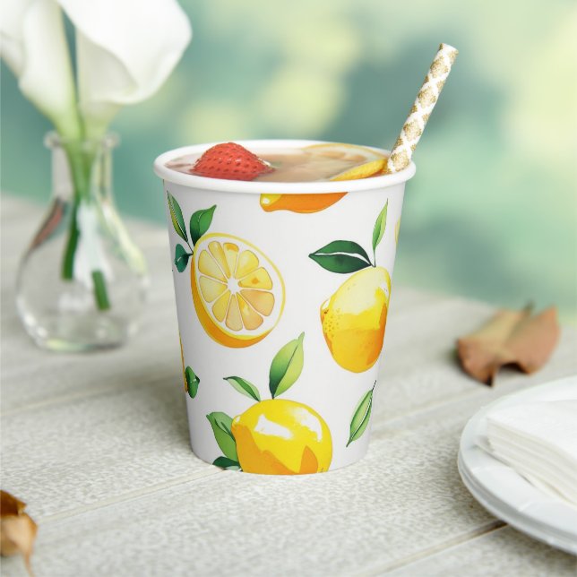 Modern lemon yellow floral script bridal shower paper cups (Insitu)