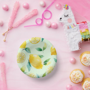 Modern lemon yellow floral script bridal shower paper plate
