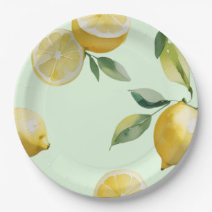 Modern lemon yellow floral script bridal shower paper plate