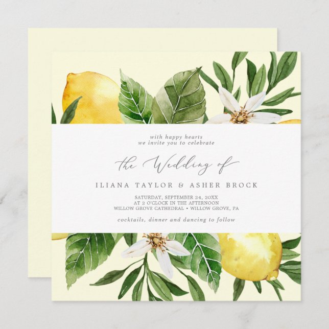 Modern Lemon | Yellow Square Wedding Invitation (Front/Back)