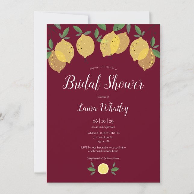 Modern Lemons Burgundy Bridal Shower Invitation (Front)