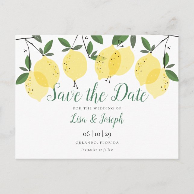 Modern Lemons Elegant Save the Date Postcard (Front)