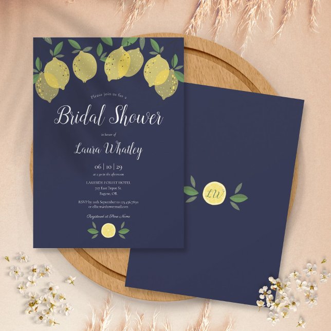 Modern Lemons Navy Blue Bridal Shower Invitation (Creator Uploaded)