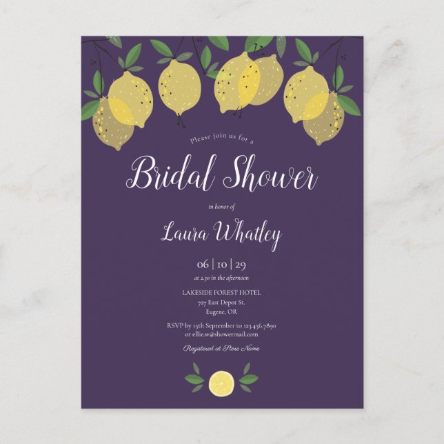 Modern Lemons Purple Bridal Shower Invitation (Front)