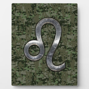 Modern Leo Zodiac Sign on Green Digital Camo Plaque