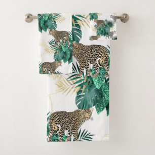 Modern leopard and tropical leaves design bath towel set