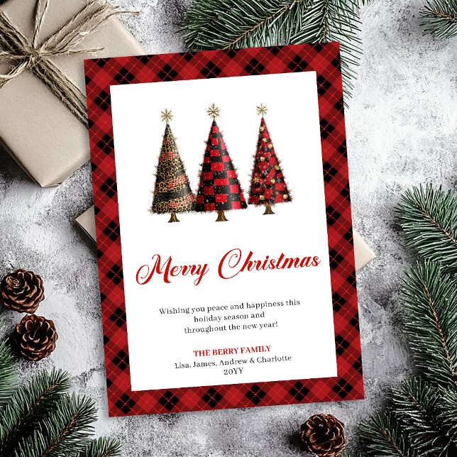 Modern leopard Christmas tree buffalo plaid card (Buffalo Christmas trees greeting card,
Red black plaid tartan Christmas,
Personalized watercolor Chr)