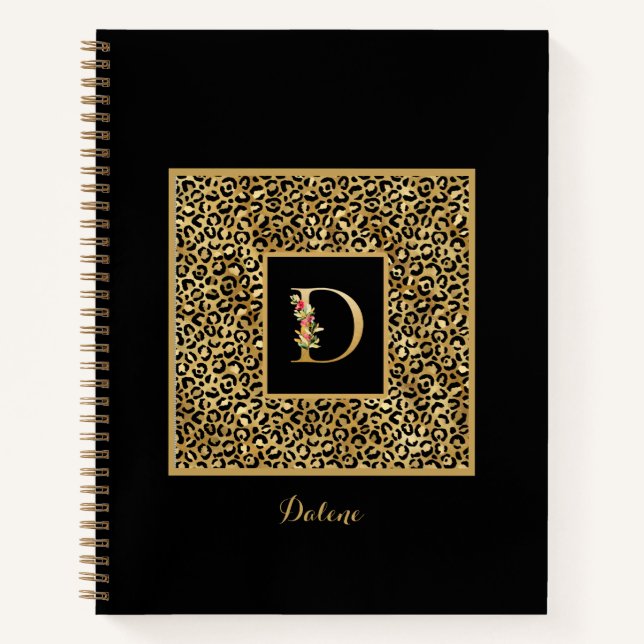 Modern Leopard Gold Personal Monogram Letter D Notebook (Front)