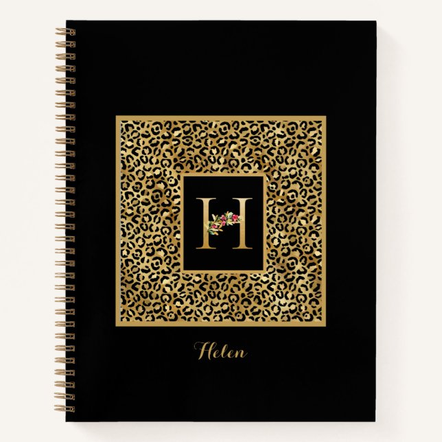 Modern Leopard Gold Personal Monogram Letter H Notebook (Front)