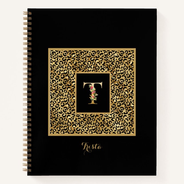 Modern Leopard Gold Personal Monogram Letter T Notebook (Front)