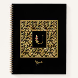 Modern Leopard Gold Personal Monogram Letter U Notebook
