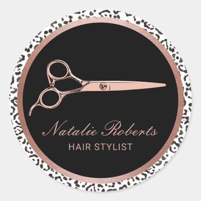 Modern Leopard Hair Stylist Rose Gold Scissor Classic Round Sticker (Front)