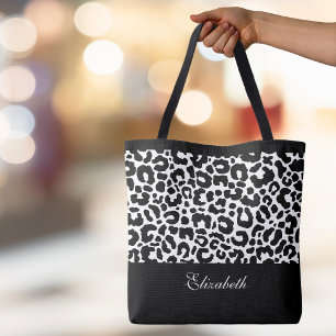 Modern Leopard Monogram Black White Chic Tote Bag