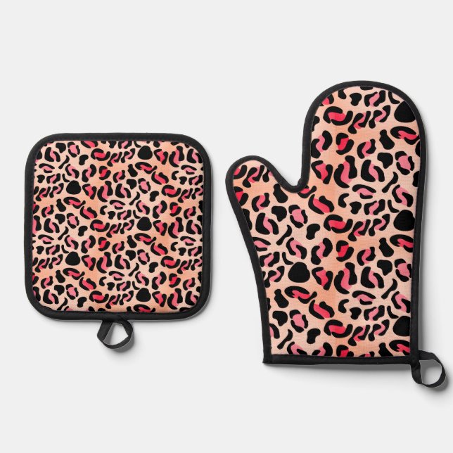 Modern Leopard Pattern Animal Print Oven Mitt & Pot Holder Set (Front)