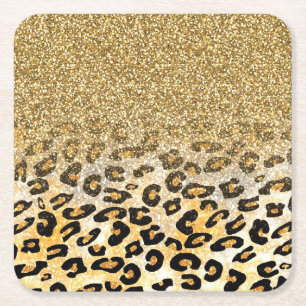 Modern Leopard Pattern Gold Glitter Ombre Square Paper Coaster