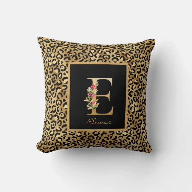 Modern Leopard Personalised Monogram E Initial Cushion (Front)