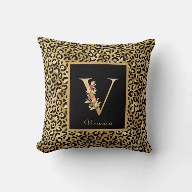 Modern Leopard Personalised Monogram V Initial Cushion (Front)
