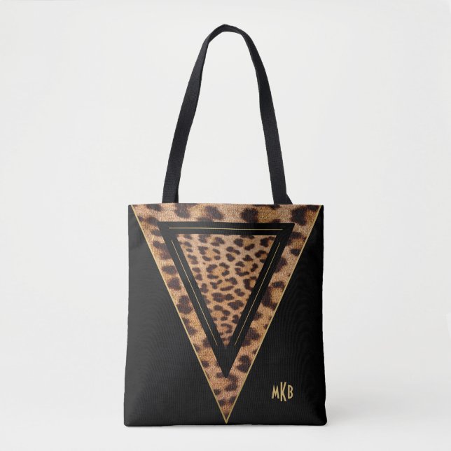 Modern Leopard Print Black and Gold Monogram Tote Bag (Front)