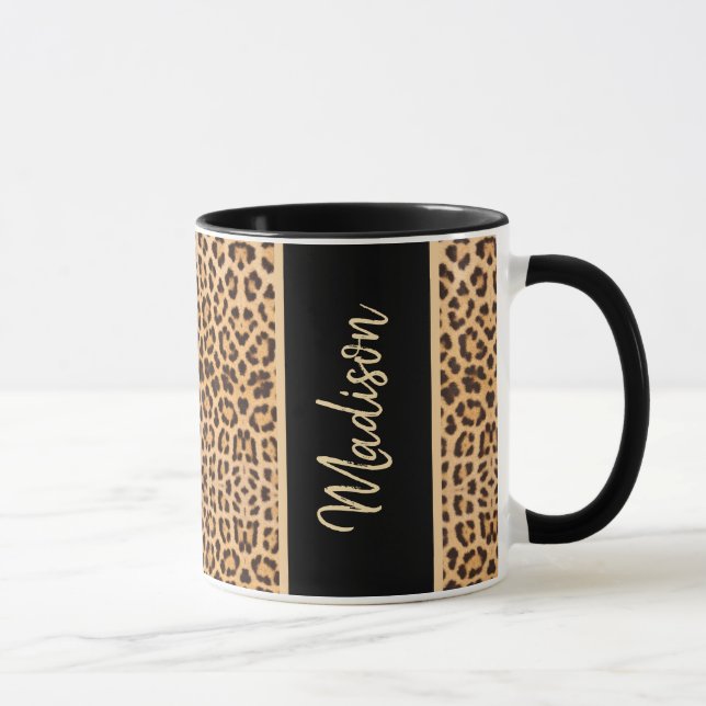 Modern Leopard Print Black Personalised Mug (Right)