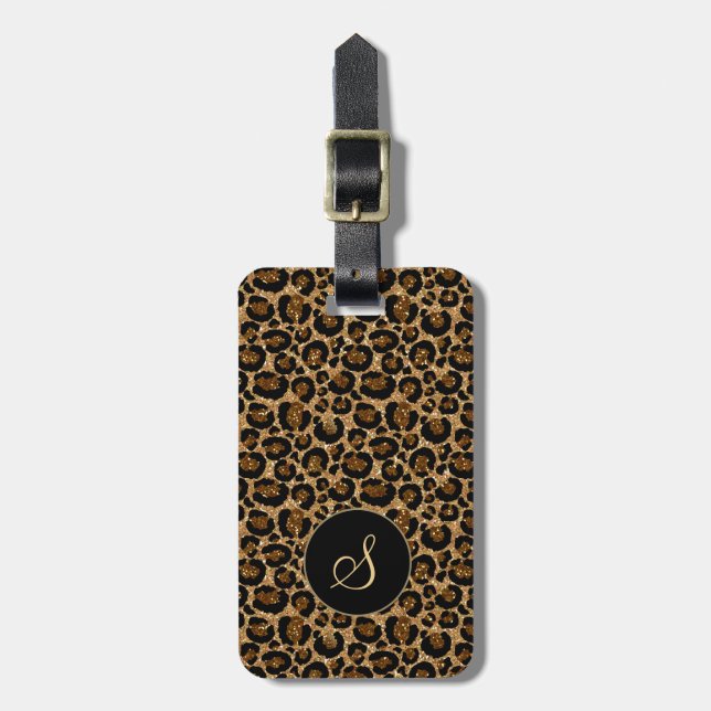 Modern Leopard print, glitters & custom monogram Luggage Tag (Front Vertical)