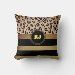 Modern Leopard Print Golden Black Strips Monogram Cushion
