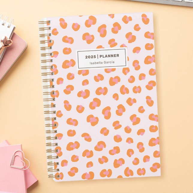 Modern Leopard Print Pink Orange Weekly Planner (Personalize this beautiful leopard print weekly monthly planner in orange and pink colors.)