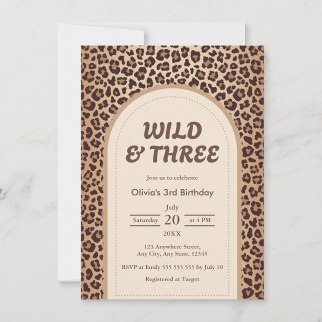 Modern Leopard Print Wild & Three 3rd Birthday  Invitation (Front)
