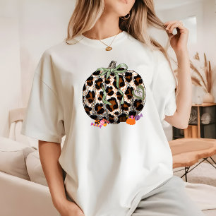 Modern Leopard Pumpkin Retro Cute Halloween Womens T-Shirt