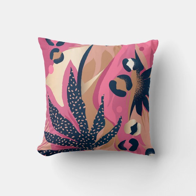 Modern Leopard Skin, Exotic Floral. Cushion (Front)
