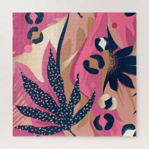Modern Leopard Skin, Exotic Floral. Jigsaw Puzzle
