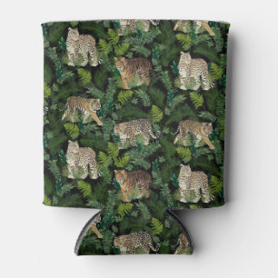 Modern Leopards Tigers Jungle Plants Black Design Can Cooler
