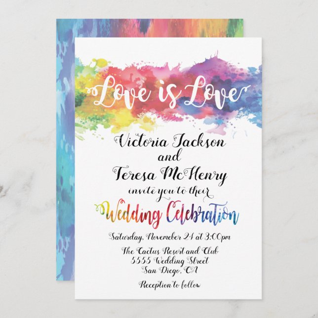 Modern Lesbian Gay Watercolor Wedding Invitation (Front/Back)