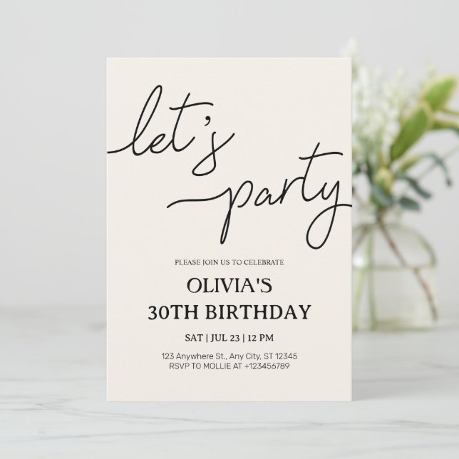 Modern Let’s Party 30th Birthday Invitation (Standing Front)