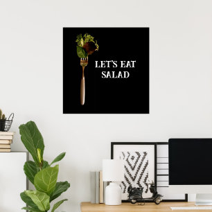 Modern Let's Eat Salad Food on Fork Black  Poster