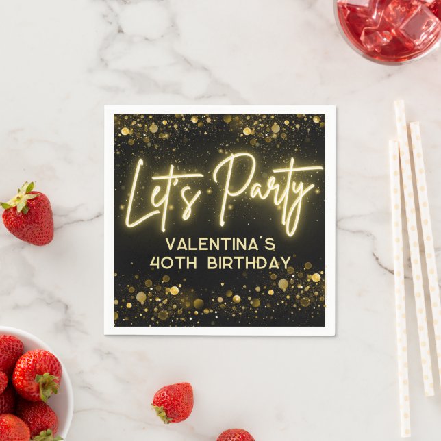 Modern Let's Party Black and Gold Neon Glow Light Napkin (Insitu)