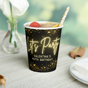 Modern Let's Party Black and Gold Neon Glow Light Paper Cups