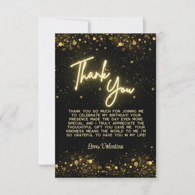 Modern Let's Party Black and Gold Neon Glow Light Thank You Card (Front)