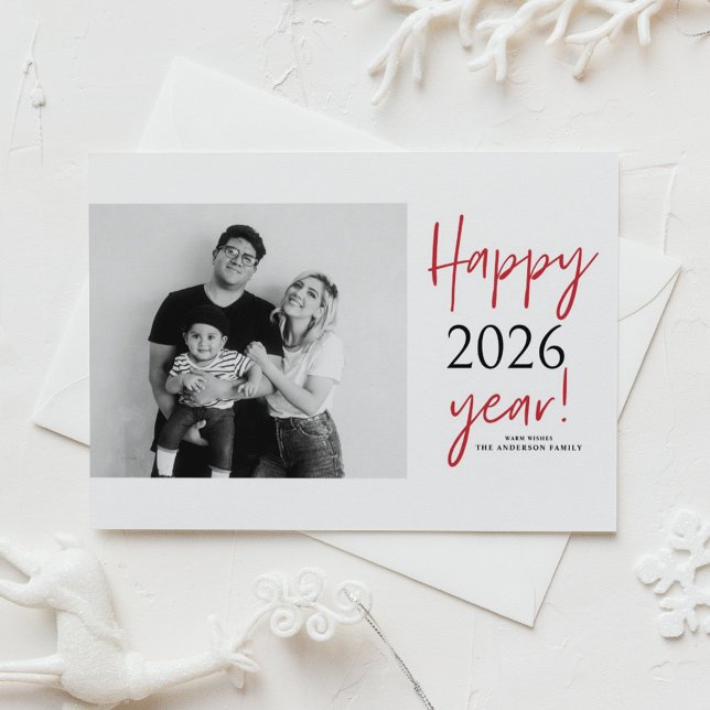 Modern Lettering 2025 Happy New Year Photo Holiday Postcard (Send new year cheer with this customizable modern New Year Photo Postcard featuring mix typography.)
