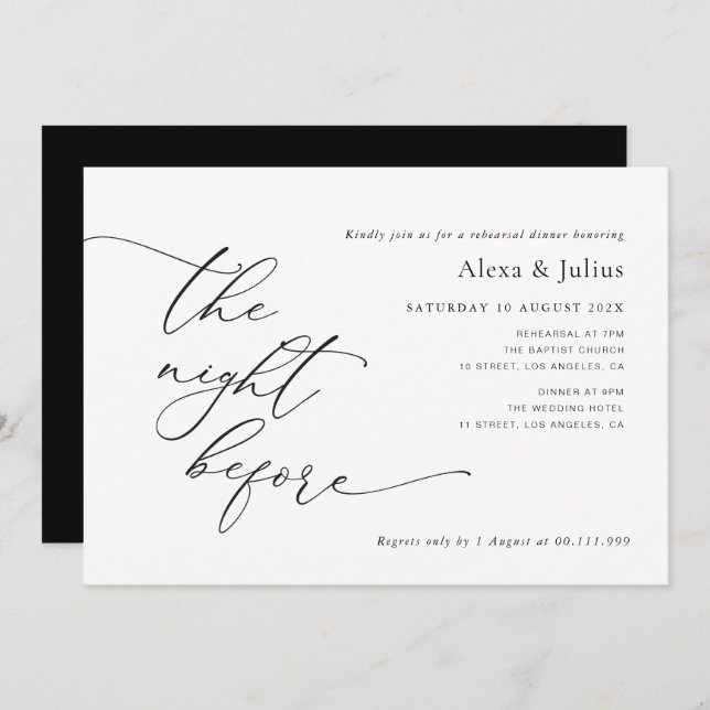 Modern Lettering Black And White Wedding Rehearsal Invitation (Front/Back)