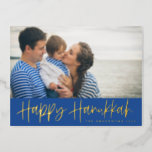 Modern Lettering Blue Happy Hanukkah Photo Foil Holiday Postcard<br><div class="desc">Happy Hanukkah! Send Hanukkah wishes to family and friends with this customisable gold foil Hanukkah postcard. It features modern calligraphy. Personalise by adding names and a photo. This gold foil Happy Hanukkah script card is available in other cardstock.</div>