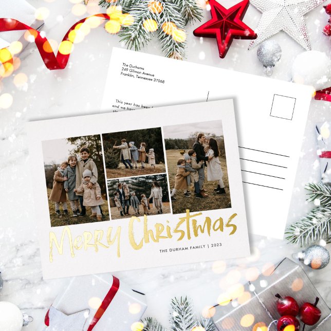 Modern Lettering Five Photo Merry Christmas  Foil Holiday Postcard (Creator Uploaded)