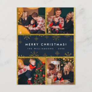 Modern Lettering & Gold Snowflakes Merry Christmas Holiday Postcard