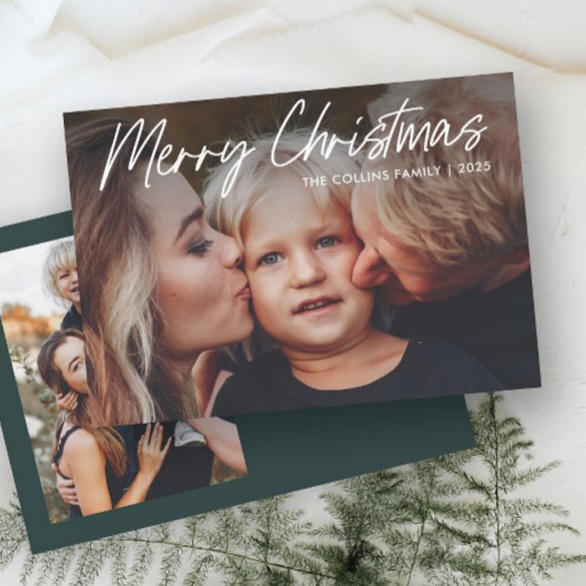 Modern Lettering Merry Christmas 2 Photo  Holiday Card (Hand Lettered 2 Photo Merry Christmas Holiday Card.)