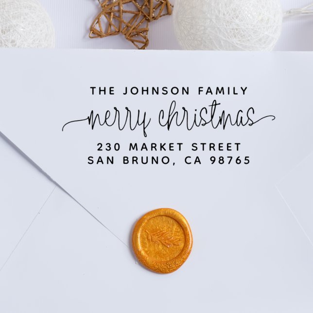 Modern Lettering Merry Christmas & Family Address Self-inking Stamp (Rubber Stamp Mock-up)