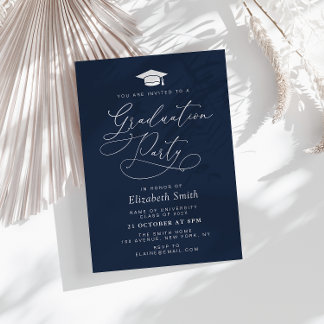 modern lettering navy blue graduation party invitation
